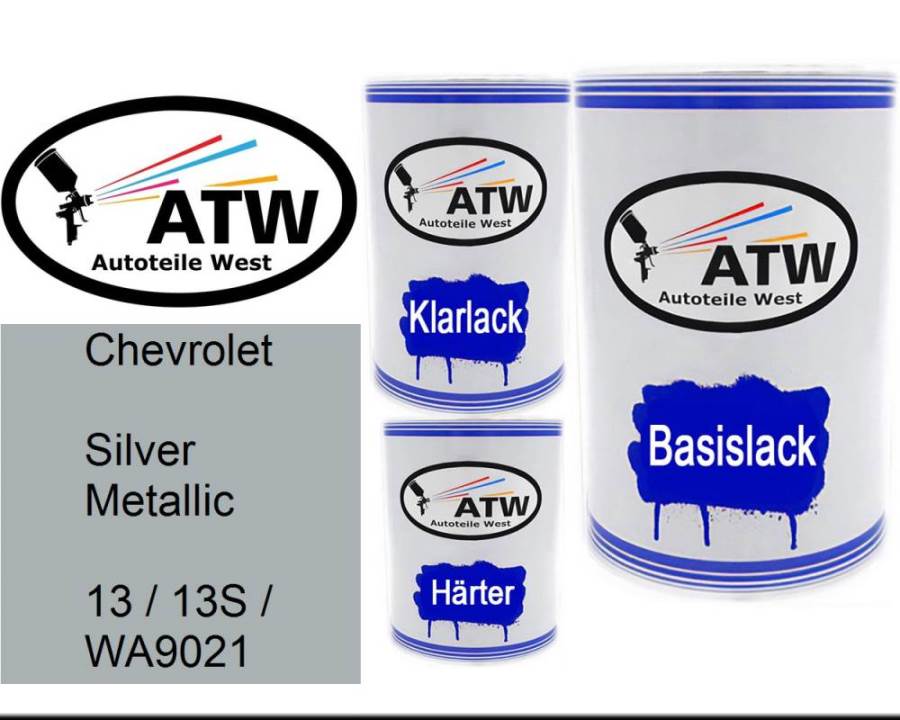 Chevrolet, Silver Metallic, 13 / 13S / WA9021: 500ml Lackdose + 500ml Klarlack + 250ml Härter - Set, von ATW Autoteile West.